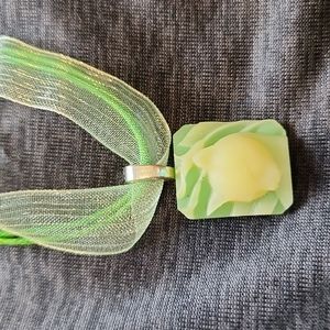 HANDMADE Cat cameo green ribbon necklace